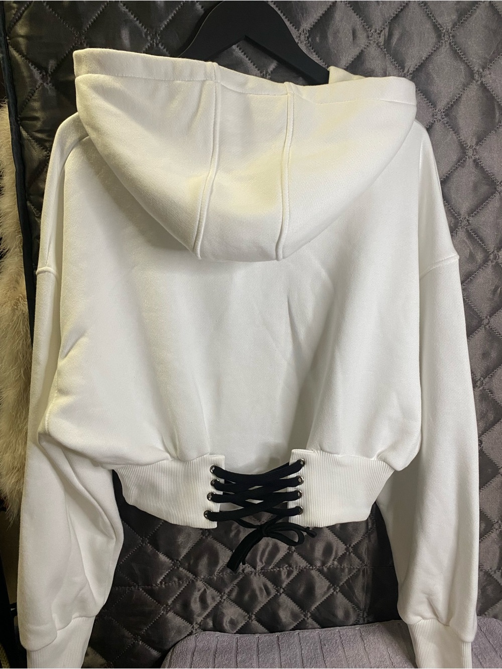 NWT ZARA White Corset Back Lace-Up Cropped Hoodie L